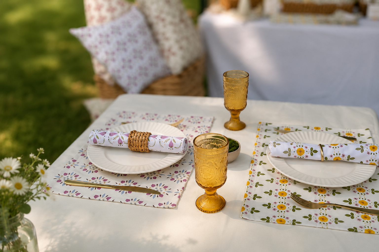 Outdoor table setting with floral placemats, white plates, rolled napkins, amber goblets, and a white tablecloth, with blurred greenery and cushions in the background.